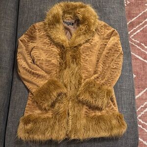 Penny Lane Style Faux Fur Trim Coat Camel 70s Vintage Glam Jacket M